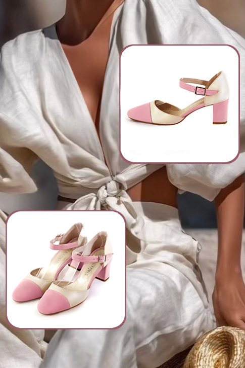 Women's carnation pink and champagne white open side dress shoes, with an instep strap. Round toe. Medium block heels - Worn view